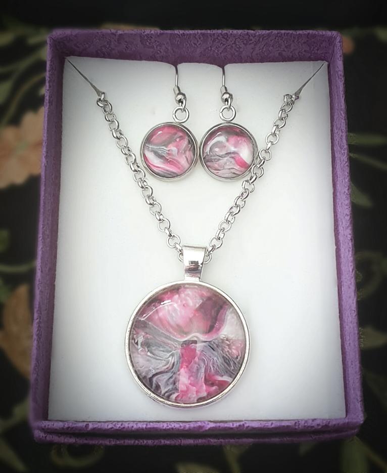 Pink Sea of Dreams Set - Unique Acrylic Artwork Pendant & Earrings Set
