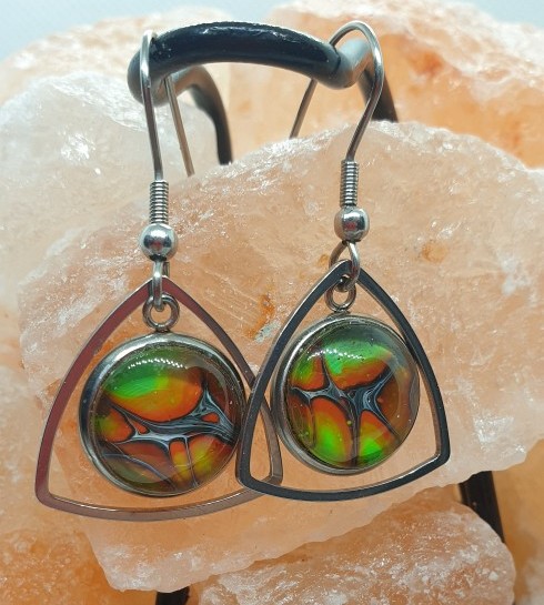 Green Trip Triangles - Unique Acrylic Poured Artwork Earrings 