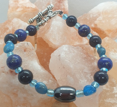 Blue Range Bracelet 2 - Hematite, Blue Gold Stone, Lapis Lazuli, Blue Apatite and Glass Beads with a toggle clasp.