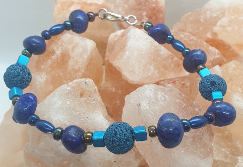 Blue Range Bracelet 6 - Lapis Lazuli, Lava Stone & Assorted Bead Bracelet with a claw clasp.